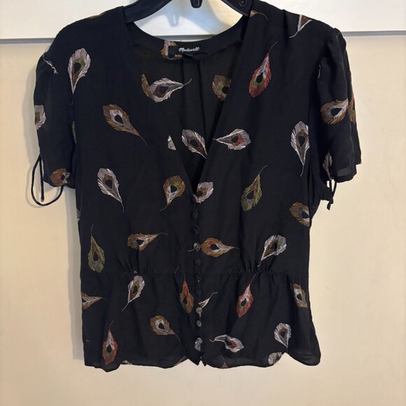 Madewell Silk top peacock feathers Alexa Chung blouse top cocktail button - Picture 3 of 4